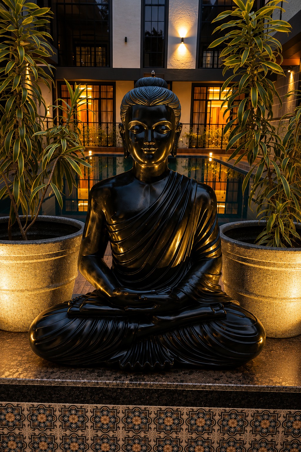 Buddha courtyard illuminated at Barefoot Bliss Resort